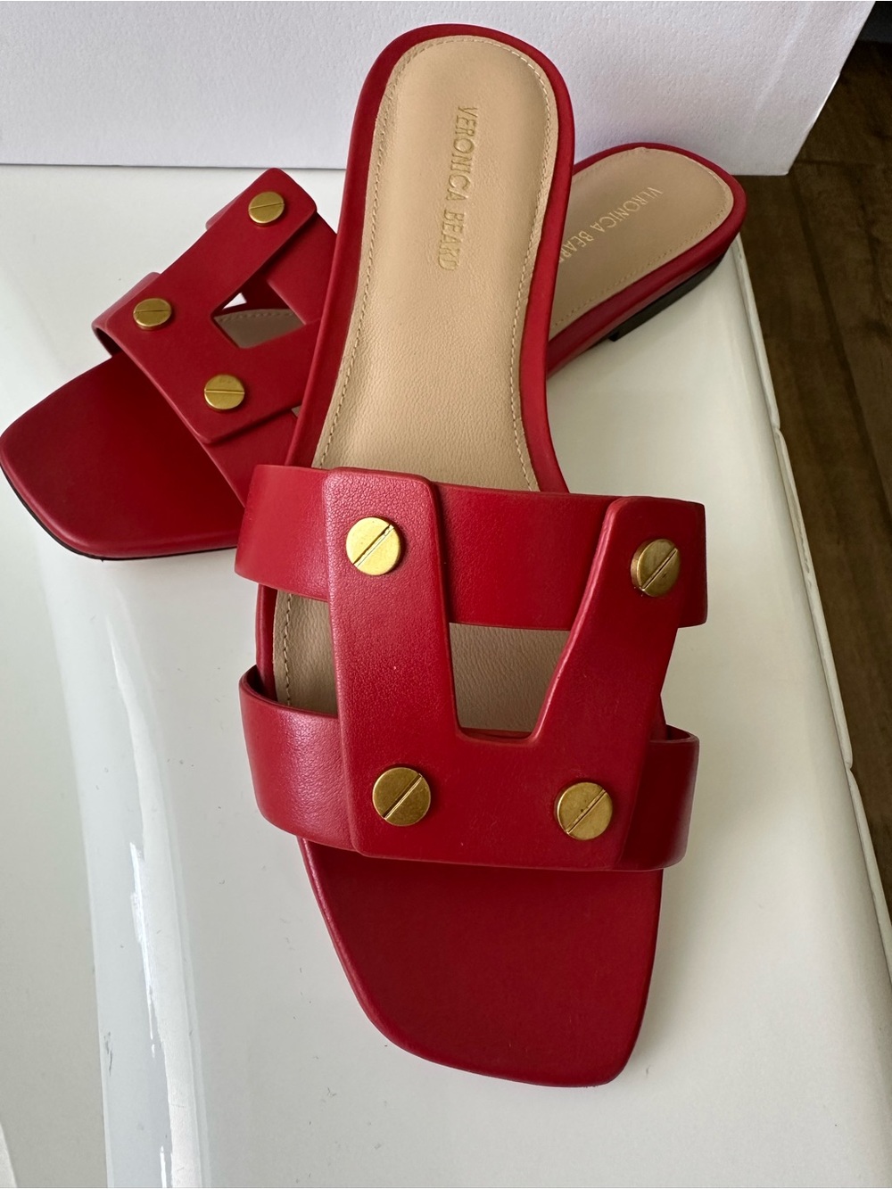 Veronica Beard Red Leather Slide Mules with Gold Studs NEW